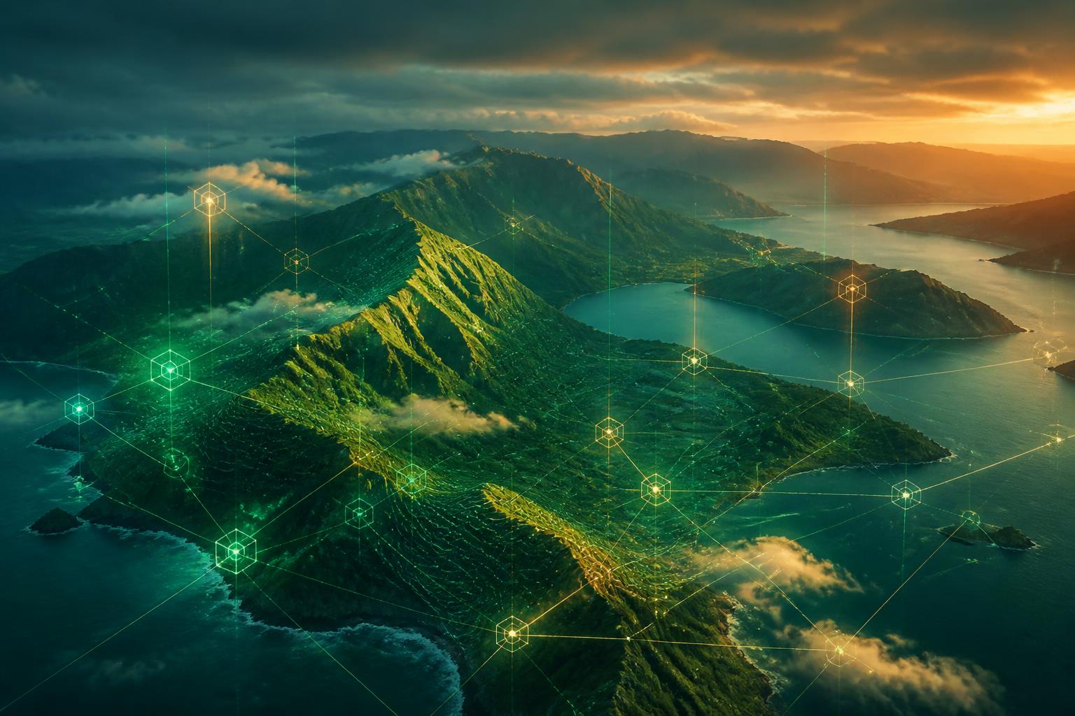 Aerial view of New Zealand mountains with blockchain network overlay